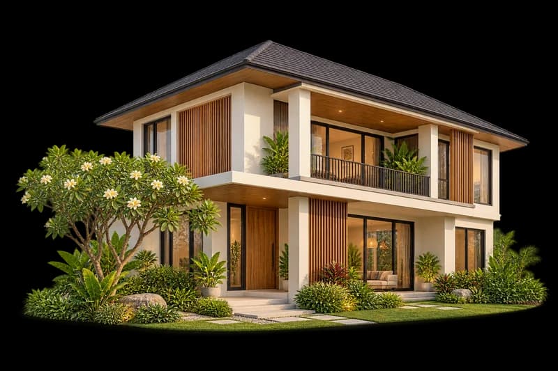 AI concept of a two-storey home and garden, not a real property
